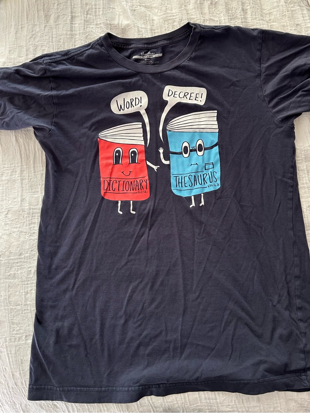 Threadless Navy Tee with Red Dictionary & Blue Thesaurus Graphic